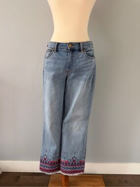 Tory Burch Embroidered Cropped Flare Jeans - Light Wash Navy Red Cross-Stitch